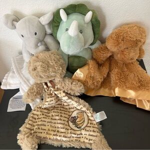 Bundle Of 4 Baby Plushies Winnie The Pooh, Dinosaur, Elephant, Puppy
